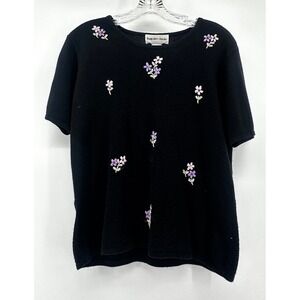 Hampshire Studio Black Floral Embroidered‎ Short Sleeve Knit Sweater Medium